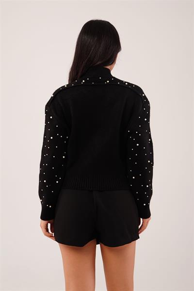 Full İnci İşlemeli Siyah Triko Hırka