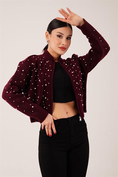 Full İnci İşlemeli Bordo Triko Hırka
