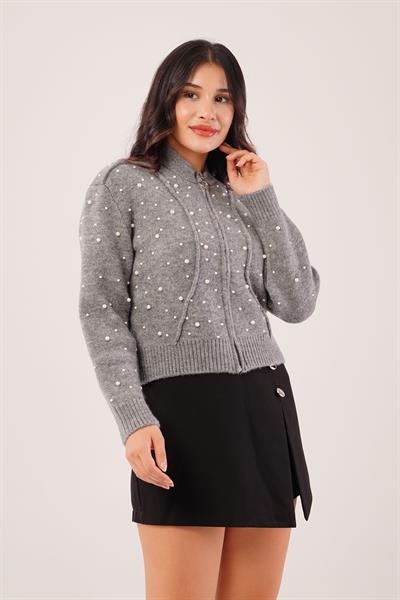 Full İnci İşlemeli Triko Hırka