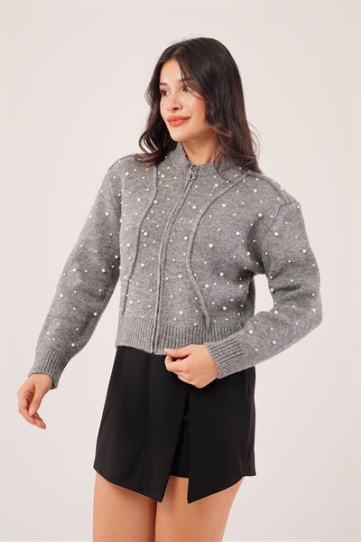 Full İnci İşlemeli Triko Hırka