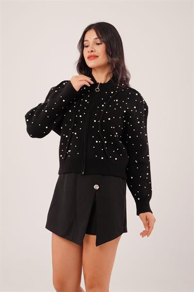 Full İnci İşlemeli Siyah Triko Hırka