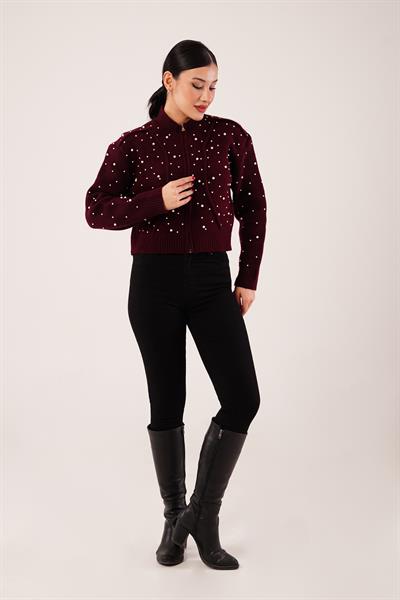 Full İnci İşlemeli Bordo Triko Hırka