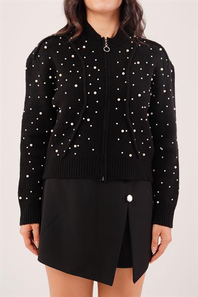 Full İnci İşlemeli Siyah Triko Hırka