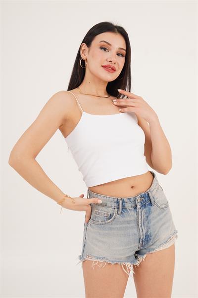 Lastik Askılı Beyaz Basic Crop