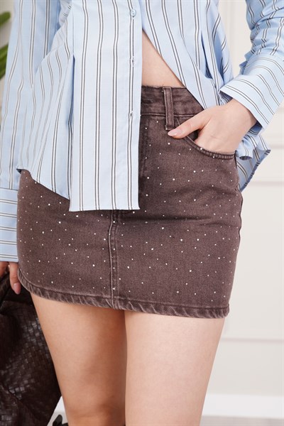 Işıltılı Taş İşlemeli Denim Mini Kahve Etek