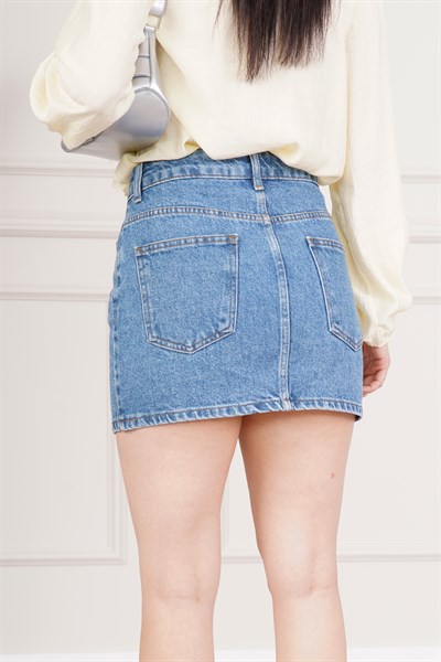 Işıltılı Taş İşlemeli Denim Mini Kot Etek