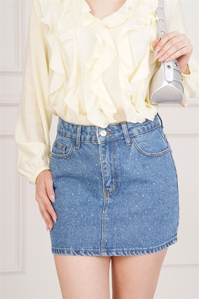 Işıltılı Taş İşlemeli Denim Mini Kot Etek