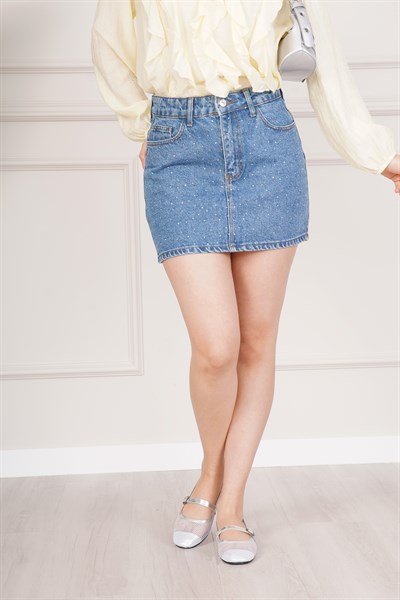 Işıltılı Taş İşlemeli Denim Mini Kot Etek