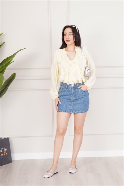 Işıltılı Taş İşlemeli Denim Mini Kot Etek