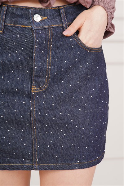 Işıltılı Taş İşlemeli Denim Mini Koyu Kot Etek