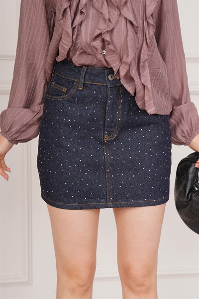 Işıltılı Taş İşlemeli Denim Mini Koyu Kot Etek