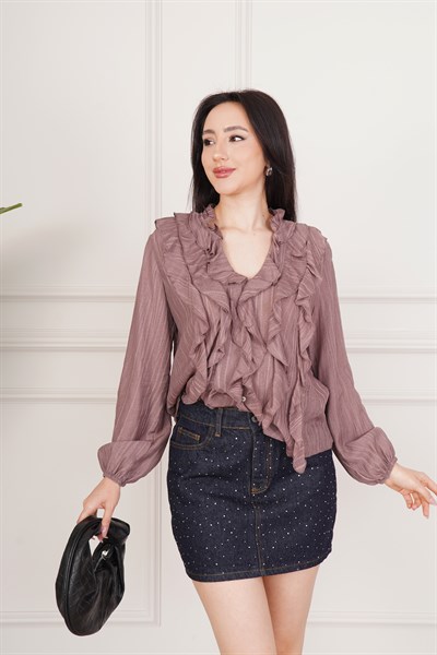 Işıltılı Taş İşlemeli Denim Mini Koyu Kot Etek