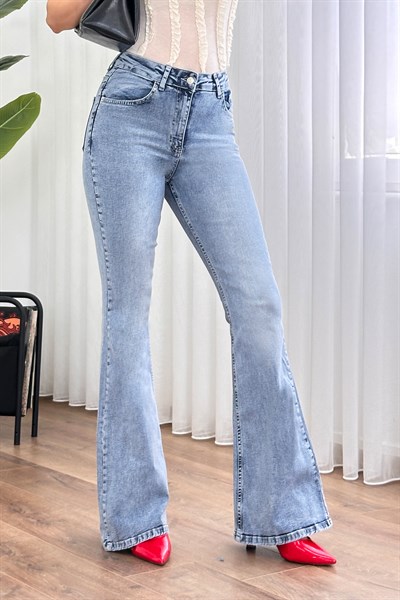 İspanyol Paça Yüksek Bel Kot Mavi Jean