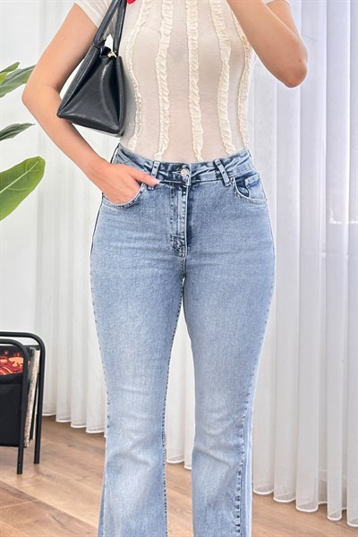 İspanyol Paça Yüksek Bel Kot Mavi Jean