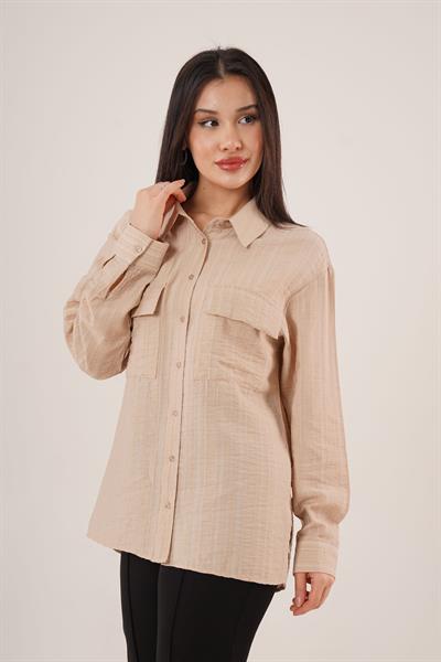 Kendinden Çizgili Cepli ve Düğmeli Camel Gömlek