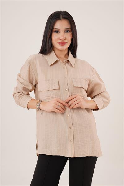 Kendinden Çizgili Cepli ve Düğmeli Camel Gömlek