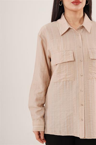 Kendinden Çizgili Cepli ve Düğmeli Camel Gömlek
