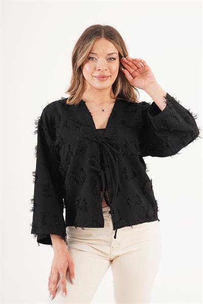Önü Bağlamalı Püsküllü Salaş Mevsimlik Siyah Kimono