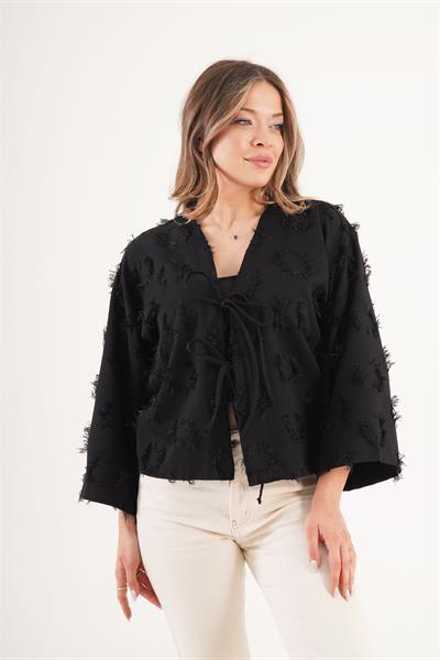 Önü Bağlamalı Püsküllü Salaş Mevsimlik Siyah Kimono