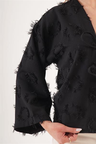 Önü Bağlamalı Püsküllü Salaş Mevsimlik Siyah Kimono