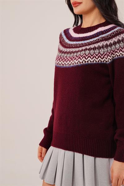 Jakarlı Norveç Desenli Bordo Triko Kazak