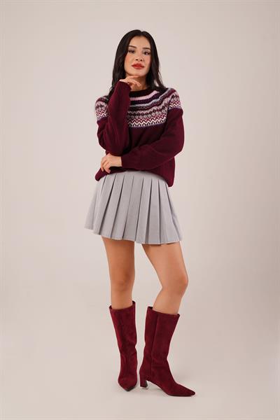 Jakarlı Norveç Desenli Bordo Triko Kazak