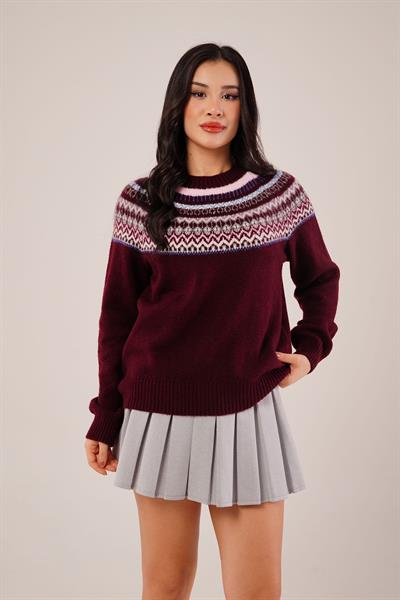 Jakarlı Norveç Desenli Bordo Triko Kazak
