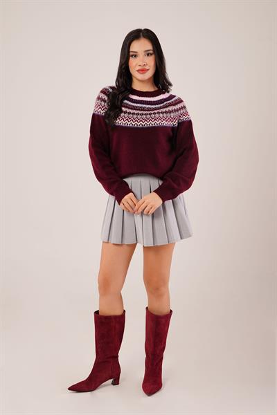 Jakarlı Norveç Desenli Bordo Triko Kazak