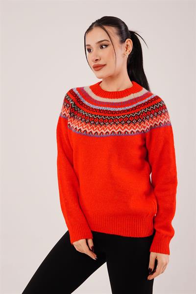 Jakarlı Norveç Desenli Kırmızı Triko Kazak