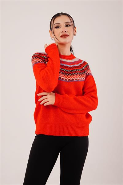 Jakarlı Norveç Desenli Kırmızı Triko Kazak