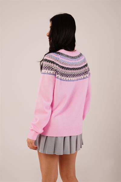 Jakarlı Norveç Desenli Pembe Triko Kazak
