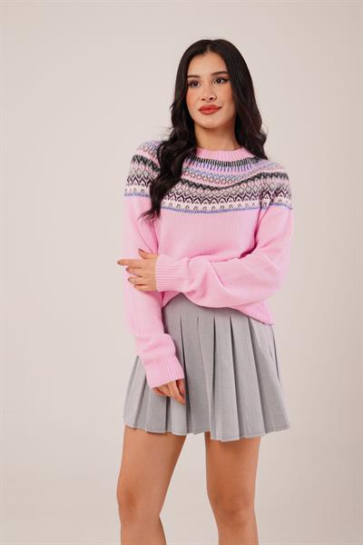 Jakarlı Norveç Desenli Pembe Triko Kazak