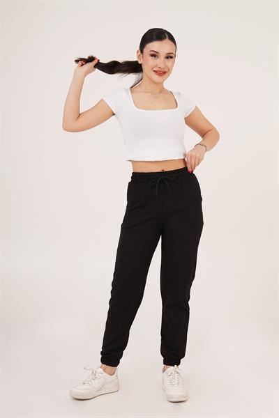 Lastik Paça Belden Bağlamalı Jogger Kesim Siyah Eşofman
