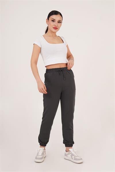 Lastik Paça Belden Bağlamalı Jogger Kesim Antrasit Eşofman