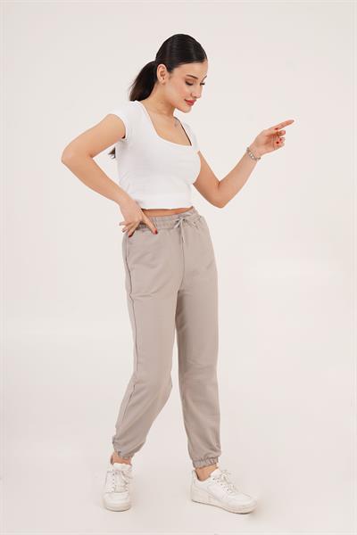 Lastik Paça Belden Bağlamalı Jogger Kesim Vizon Eşofman