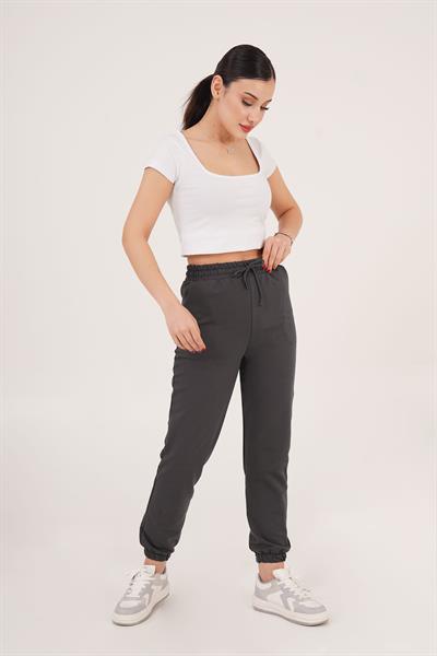 Lastik Paça Belden Bağlamalı Jogger Kesim Antrasit Eşofman