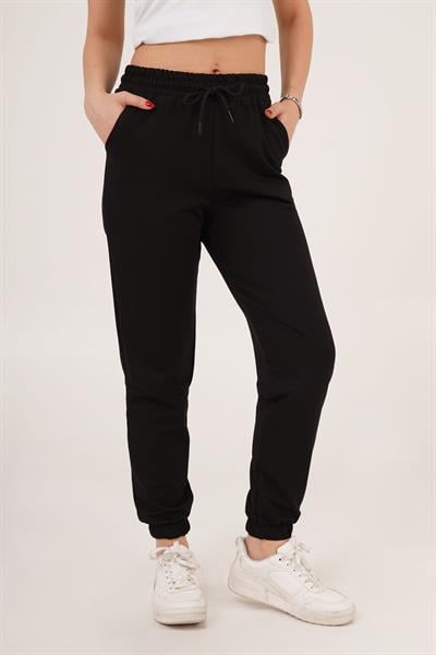 Lastik Paça Belden Bağlamalı Jogger Kesim Siyah Eşofman