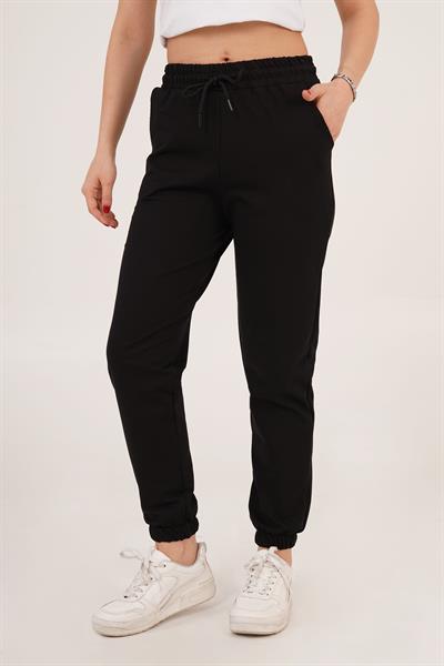 Lastik Paça Belden Bağlamalı Jogger Kesim Siyah Eşofman