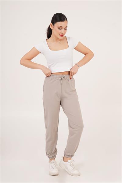 Lastik Paça Belden Bağlamalı Jogger Kesim Vizon Eşofman