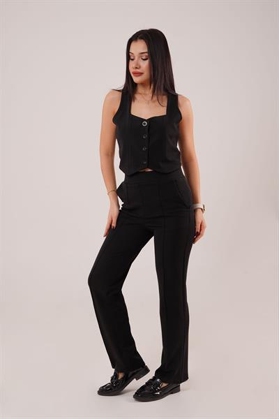 Kalın Askılı Düğmeli Yelek ve Pantolon Siyah İkili Takım