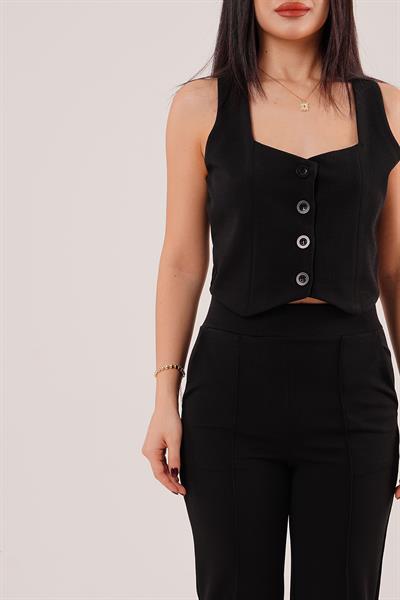 Kalın Askılı Düğmeli Yelek ve Pantolon Siyah İkili Takım