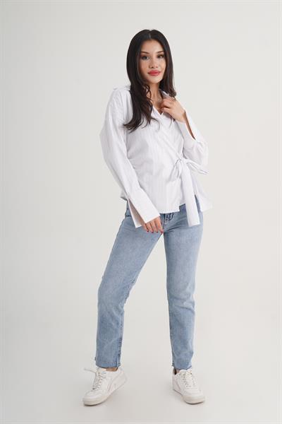 Kalın Çizgi Yandan Bağlama Regular Kalıp Ekru Gömlek