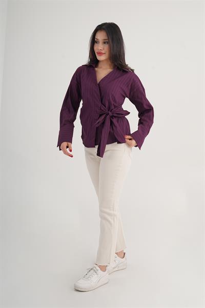 Kalın Çizgi Yandan Bağlama Regular Kalıp Mürdüm Gömlek