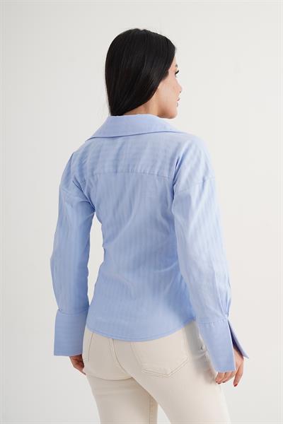 Kalın Çizgi Yandan Bağlama Regular Kalıp Bebe Mavisi Gömlek