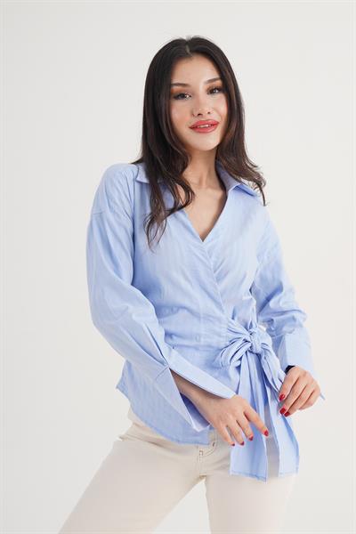 Kalın Çizgi Yandan Bağlama Regular Kalıp Bebe Mavisi Gömlek