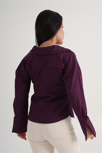 Kalın Çizgi Yandan Bağlama Regular Kalıp Mürdüm Gömlek