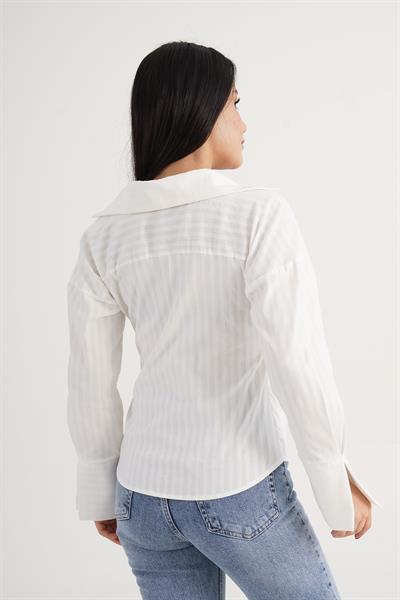 Kalın Çizgi Yandan Bağlama Regular Krem Gömlek