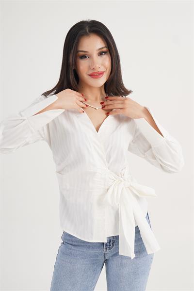 Kalın Çizgi Yandan Bağlama Regular Krem Gömlek