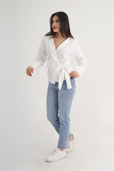 Kalın Çizgi Yandan Bağlama Regular Krem Gömlek