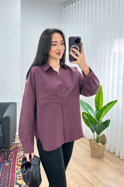 Kalın Çizgili Düğmeli Bordo Gömlek